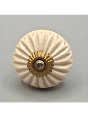 Large Cream Ceramic Knob With Brass Accents For Cabinets Drawers 2 Inch